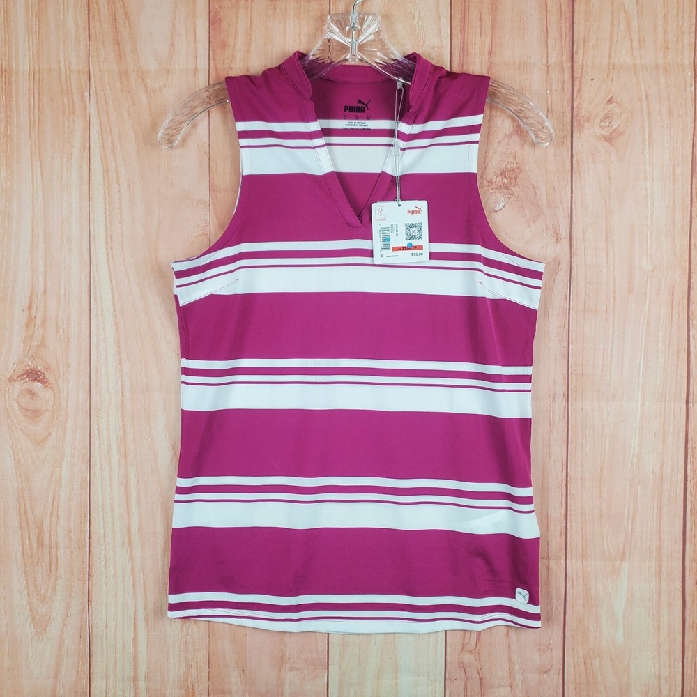 Puma Cloudspun Womens Polo Shirt XS Pink White Valley Stripe Sleeveless Pullover